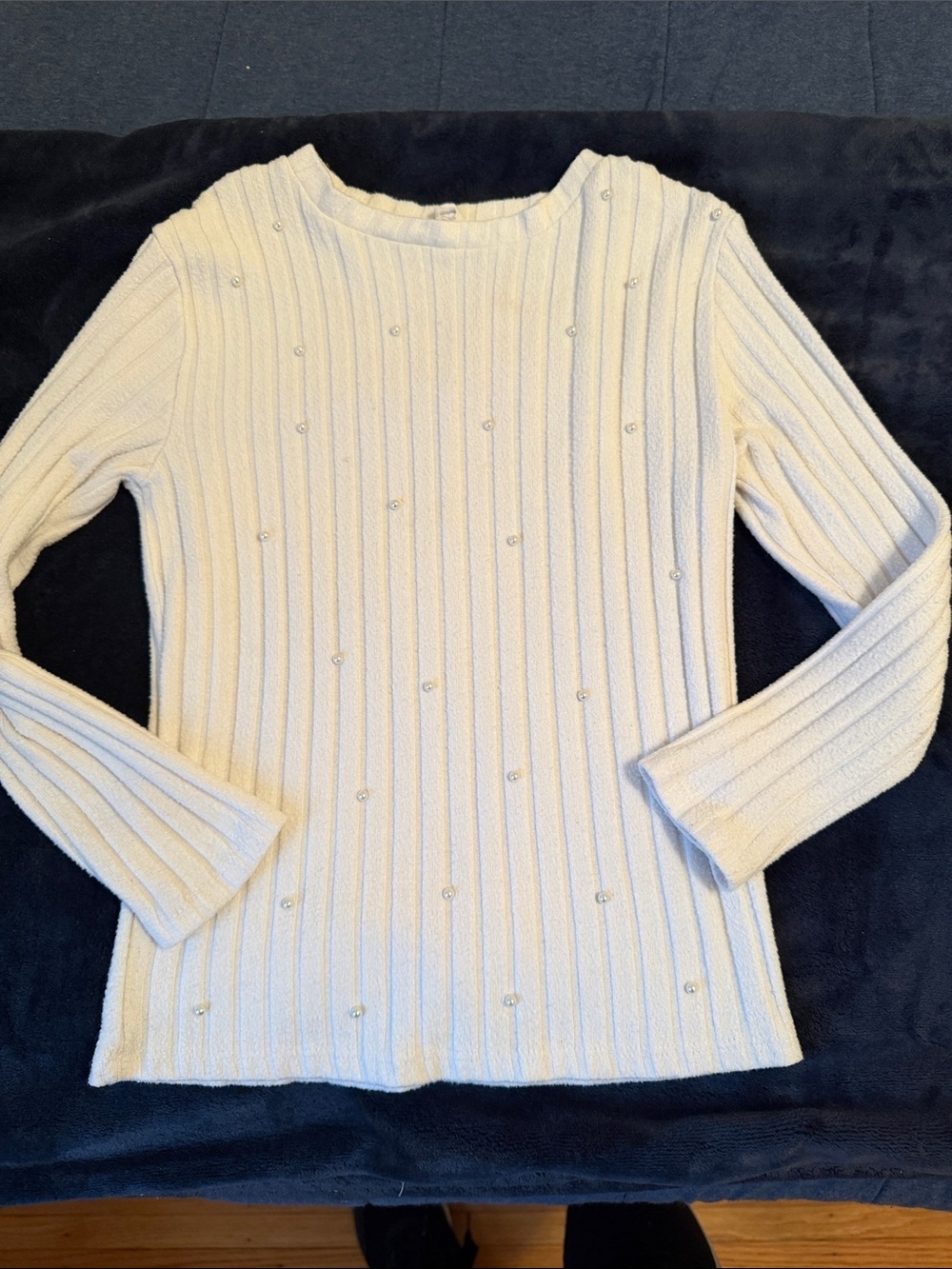 Zara Cream Ribbed Crewneck Sweater with Pearl Accents